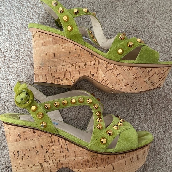 Prada- Lime Green Gold Studded Sandal with Cork wedge heel - Picture 2 of 8